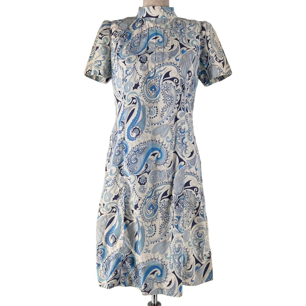 70s Vintage Paisley Dress 1970s Blue Short Sleeve Band Collar